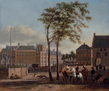 The Plaats with the Buitenhof and the Gevangenpoort, The Hague, with an elegant hawking party