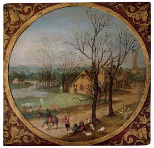 Autumn: A village scene with peasants and livestock by a road, cottages and a windmill beyond, in a feigned roundel, the spandrels decorated with an acanthus motif