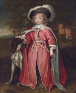 Portrait of a boy, possibly Philip, 7th Earl of Pembroke (1652-1683), full-length, in robes of the Order of the Bath, with his hound, in a wooded landscape, a horse and equerry beyond