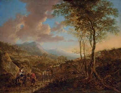 An Italianate landscape with peasants on a path