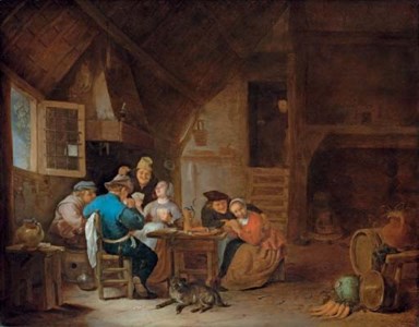 An interior with peasants seated around a table playing cards