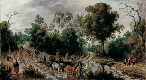 A wooded landscape with travellers in a horse-drawn cart, peasants and cattle on a country road
