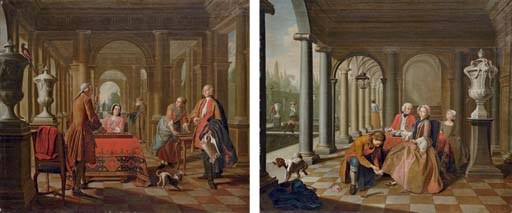 An elegant couple playing tric-trac in a loggia ; and An elegant couple taking tea in a loggia