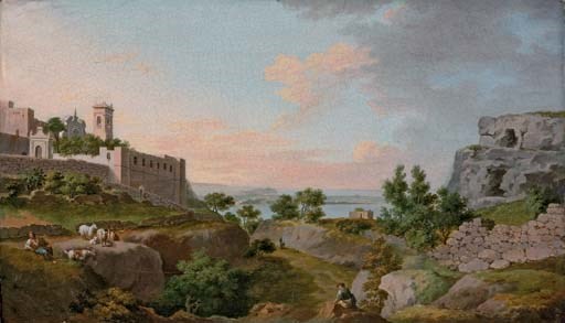 An Italianate landscape with a monastery, herders in the foreground