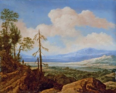 An extensive rocky landscape with a traveller resting on a path