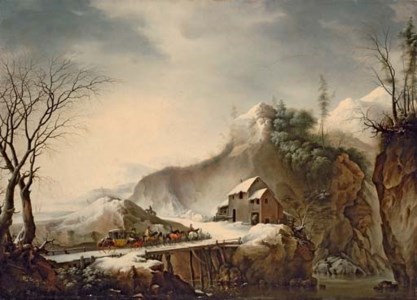 A mountainous winter landscape with travellers on horseback crossing a bridge