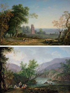 An Italianate landscape with peasants on a path, an ancient mausoleum beyond; and An Italianate river landscape with peasants seated on a bank