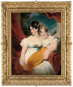 Double portrait of Marianne Anna Maria Gooch (d. 1855) and Charlotte Matilda Gooch (d. 1852), three-quarter-length, one seated in a white dress with a blue sash and a yellow shawl across her lap, the other kneeling beside in a white dress, a red curtain and landscape beyond