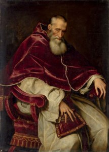 Portrait of Alessandro Farnese (1468-1549), Pope Paul III (1534-1549), seated three-quarter-length, in a papal robes