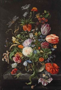 Jan Davidsz. de Heem, Tulips, roses, carnations, morning glory, an african marigold, a hyacinth, narcissus, a crown imperial and other flowers with a branch of willow catkins, wheatsheafs, cow parsley, holly and a sprig of blackberries in a glass vase on a stone ledge with a lizard, a grasshopper, caterpillars, a snail and butterflies