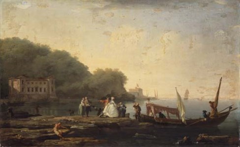 A Mediterranean coastal landscape with elegant company disembarking from an Italian Gondola