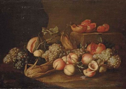 Peaches, grapes, corn on the cob, pomegranates and a melon on a stone floor