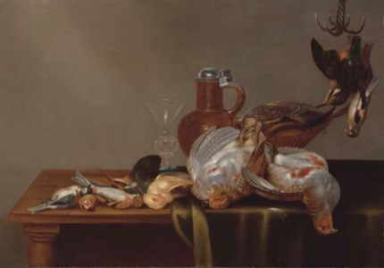 A blue tit, a red finch, a patridge, a kingfisher, and other dead birds on a half draped table, with a glass and silver rimmed jug