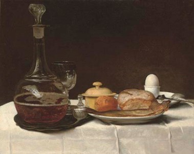 Still life with bread, a kipper, an egg and a decanter of ale on a table with a white linen table-cloth