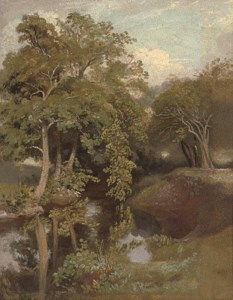 A wooded river landscape