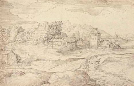 An extensive landscape with a watermill and figures on a road, a town beyond