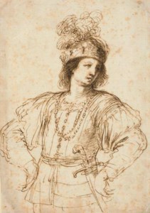A young man with a sword in elaborate dress, his hands on his hips