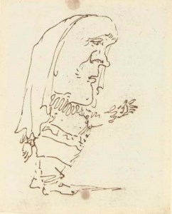 Caricature of a man pointing with his left arm