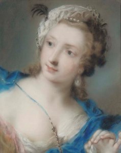 Portrait of a girl looking to the left, bust-length, wearing a blue mantle
