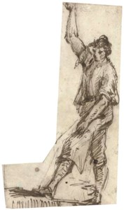 A man in profile to the left, his right arm raised, his right arm resting on his thigh