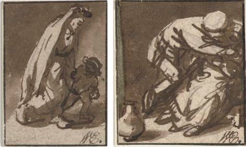 A woman holding the hand of a young child; and A drunken man embracing a seated woman