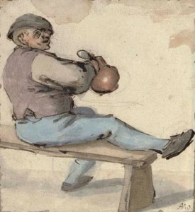 A seated drinker holding an earthenware pot