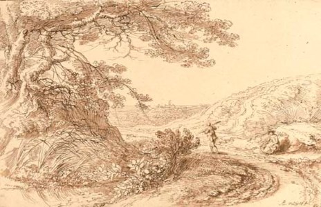 A landscape with a large tree overhanging a track, a traveller and a seated woman to the right