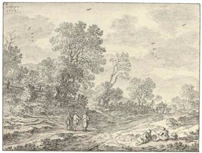Two peasants reclining on a bank by a road, three travellers and two carts seen beyond