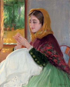 Joven sentada bordando (Girl embroidering by an open door)