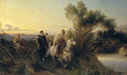Arab horsemen fording a stream
