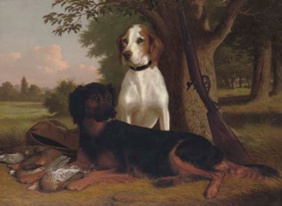 The End of the Day: a Pointer and Setter with Game and a Shotgun at the Edge of a Wood