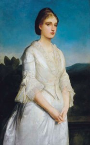 Portrait of Mrs. S. Dickinson, standing three-quarter length, in a white dress, in a landscape