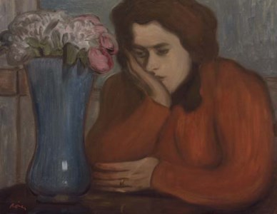 Femme pensive au vase de fleurs