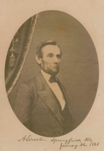 GERMAN, C.S. photographer . Large oval photograph portrait signed and dated ("A. Lincoln-Springfield, Ill., January 26 1861."). Taken in Springfield, Illinois probably on Sunday 13 or 26 January 1861