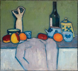 Alexej von Jawlensky, Stilleben mit Früchten, Figur und Flasche
