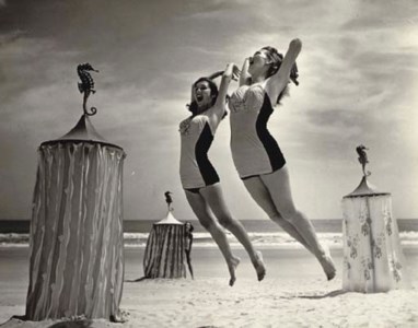 Untitled (Models jumping on beach), 1940s