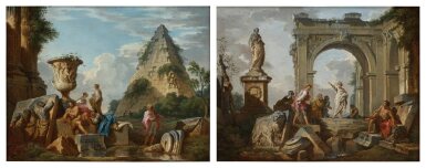 Architectural capriccio with a Sibyl in front of the pyramid of Cestius; Capriccio with an apostle preaching in Roman ruins