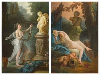 The Offering to Love; A Bacchante playing the Tambourine before a statue of Pan