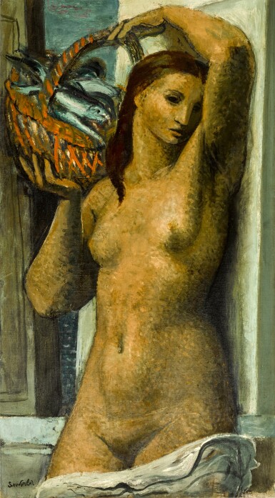 Jeune femme avec un panier de poisson