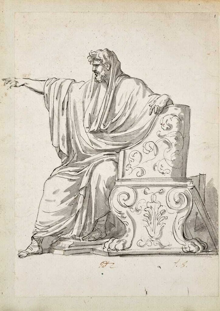 Personnage antique assis pointant du doigt
