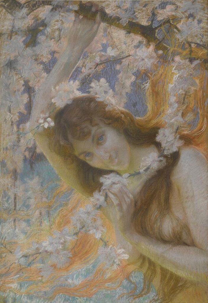Fille sous un cerisier en fleurs