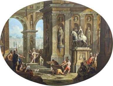 Caprice architectural avec un palais et Alexandre sur la tombe d'Achille