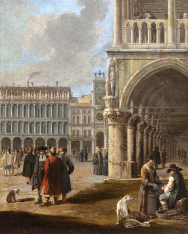 Vue d'un angle de la place Saint-Marc animée de figures en costume oriental, paysans et chiens