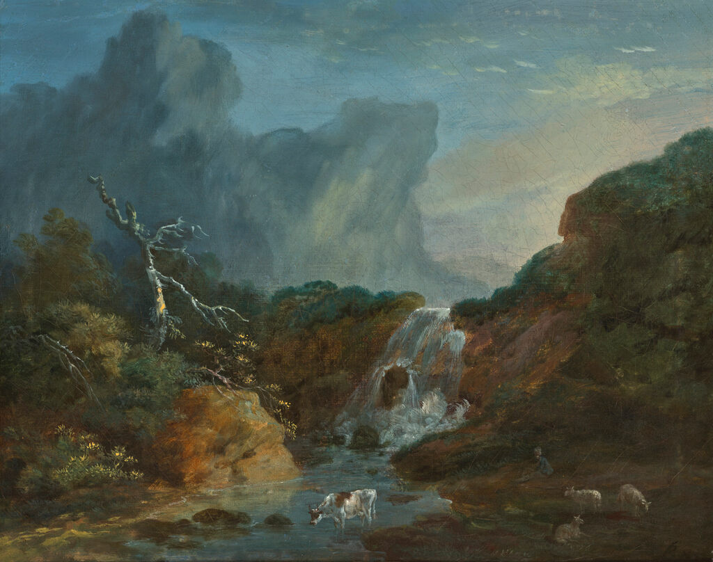 Vaches s'abreuvant au pied d'une cascade