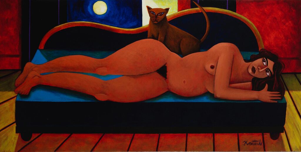 Reclining Nude with Cat