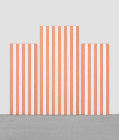 Peinture acrylique recto-verso sur tissu rayé blanc et orange, Anvers