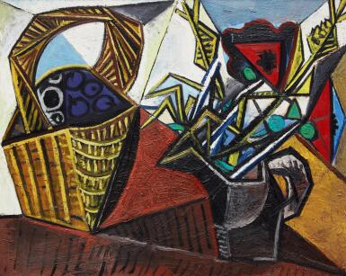Pablo Picasso, Nature morte au panier de fruits et aux fleurs