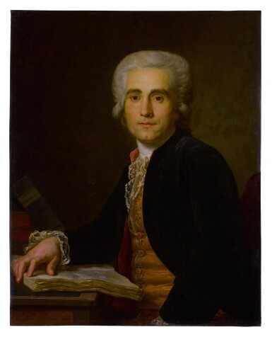 Portrait of Dr. Jean-Louis Baudelocque, half-length, seated at a table with an open book