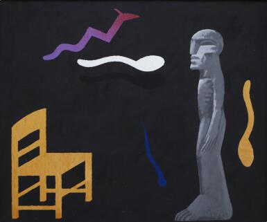 Graue Figur, Holzstuhl, Holzlöffel (Grey Figure, Wooden Chair, Wooden Spoon)