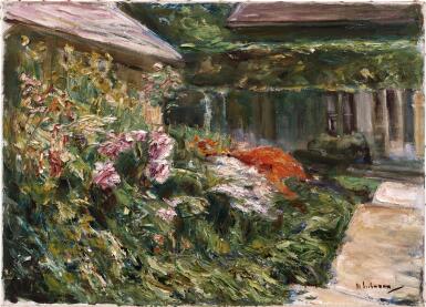 Max Liebermann, Blumenstauden am Gartenhäuschen nach Nordosten (Flowering shrubs by the garden shed facing north-east)